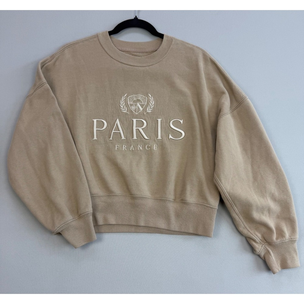 Abercrombie & Fitch Cozy Paris France Embroidered Sweatshirt Tan Khaki Small